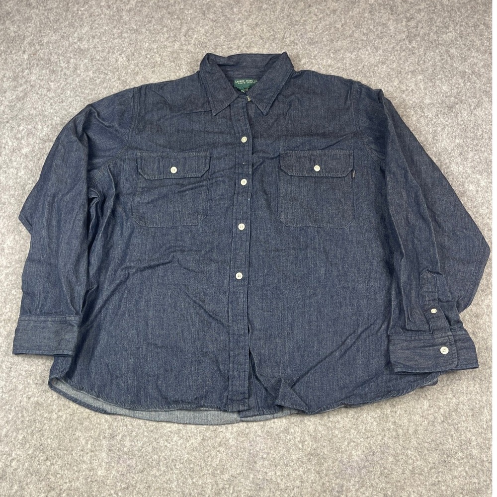 Lauren Jeans Co Ralph Lauren Womens 2X Dark Wash Denim Button Down Shirt Cotton